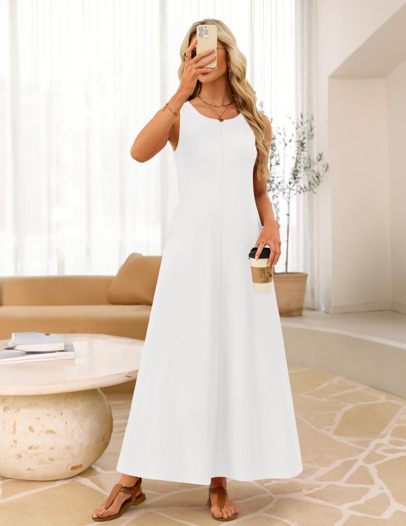 MEROKEETY Women's 2026 Summer Maxi Dress Sleeveless Crewneck Casual Loose Beach Vacation Basic Long Sundress,White,Large - Image 3