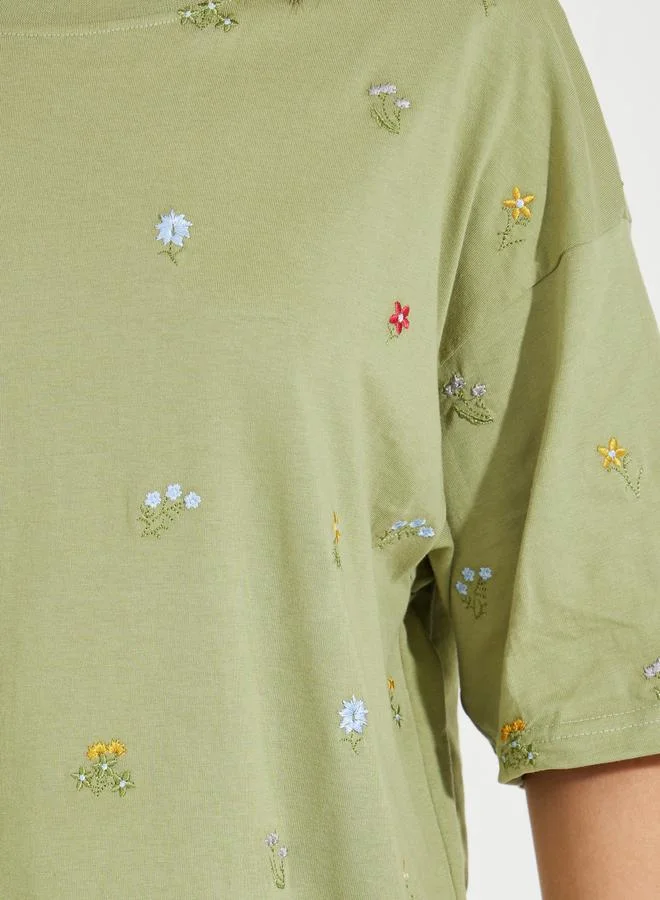 Styli Oversized All Over Floral Embroidered Front T-Shirt