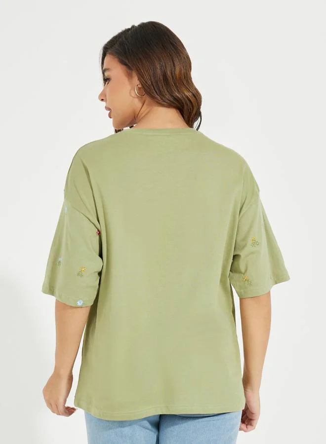 Styli Oversized All Over Floral Embroidered Front T-Shirt