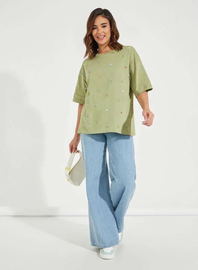 Styli Styli Oversized All Over Floral Embroidered Front T-Shirt