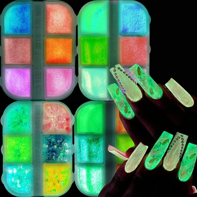 Luminous Nail Glitter Powder Night Fluorescent Nail Pigment Dust Glow In The Dark Nail Art Sequins Designs Holographic 3D Glow Ultrathin Confetti Acrylic Supplies Set for Women Manicure Decoration