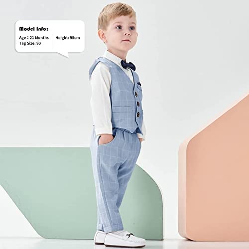 Volunboy Baby Boy Gentleman Suit Toddler Blue Formal Outfit Kids 3 Piece Vest Wedding Ring Bearer 18-24 Months Long Sleeve Shirt and Pants Set (Blue Plaid, 18-24 Months) - Image 4