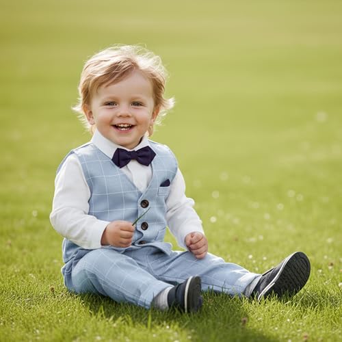 Volunboy Baby Boy Gentleman Suit Toddler Blue Formal Outfit Kids 3 Piece Vest Wedding Ring Bearer 18-24 Months Long Sleeve Shirt and Pants Set (Blue Plaid, 18-24 Months) - Image 3