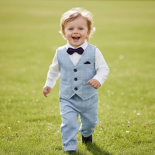 Volunboy Baby Boy Gentleman Suit Toddler Blue Formal Outfit Kids 3 Piece Vest Wedding Ring Bearer 18-24 Months Long Sleeve Shirt and Pants Set (Blue Plaid, 18-24 Months) - Image 2