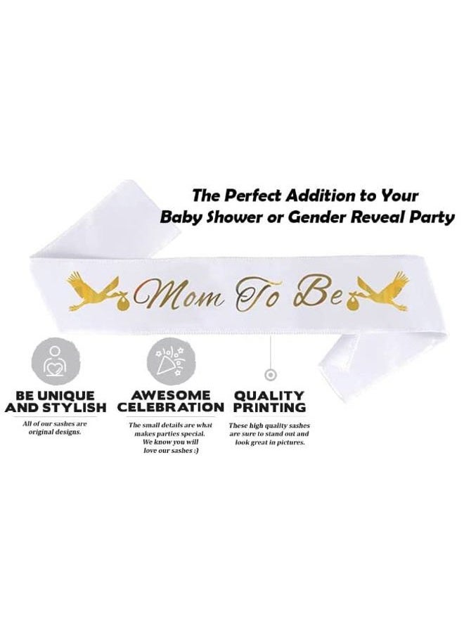 GDTO8820 Mom To Be & Dad To Be Baby Shower Sash Bundle - With Cute Stork Image (White & Gold Lettering) Girl Boy Baby Shower Party Decorations, Gifts, Favors, Mommy Supplies Gender Reveal (White) - Image 3