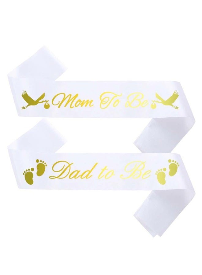 GDTO8820 Mom To Be & Dad To Be Baby Shower Sash Bundle - With Cute Stork Image (White & Gold Lettering) Girl Boy Baby Shower Party Decorations, Gifts, Favors, Mommy Supplies Gender Reveal (White) - Image 1