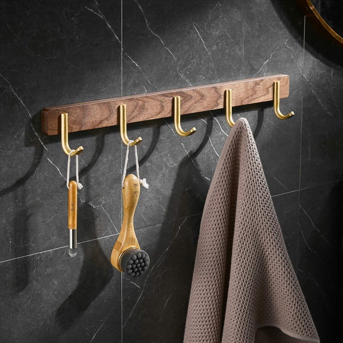 5 HOOK RACK FOR TOWEL COAT WOODEN WALL ROBE HOOK BRUSHED GOLD RUSTIC STYLE