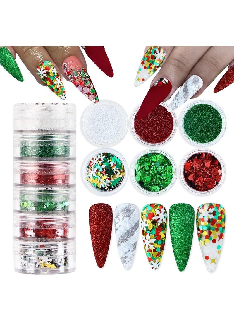 BASEMMAHER Christmas Nail Snowflake Glitter Powder Red Green Nail Charms Sequins Winter Holographic White Crystal Diamond Ice Aurora Sugar Sandy Dust Nail Powder for Face Hair Nails Design Decoration 