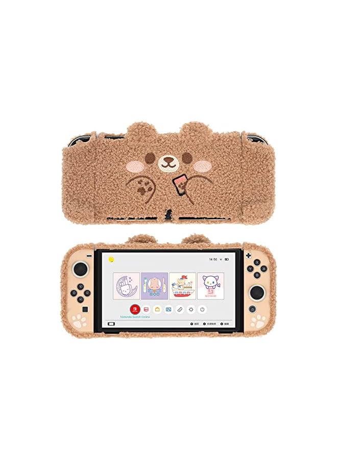 erorex Cute Plush Protective Case Cover Compatible with Nintendo Switch OLED Console and Joy Con - Shock-Absorption and Anti-Scratch Skin Case for OLED Switch - Plush Bear - Image 1