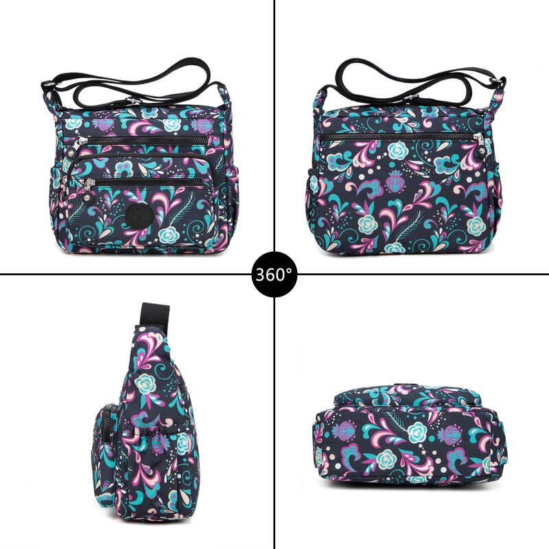 Pealwel Women Shoulder Handbag Roomy Multiple Pockets Bag Ladies Crossbody Purse Tote Top Handle Satchel(Pink&Blue Floral) - Image 2
