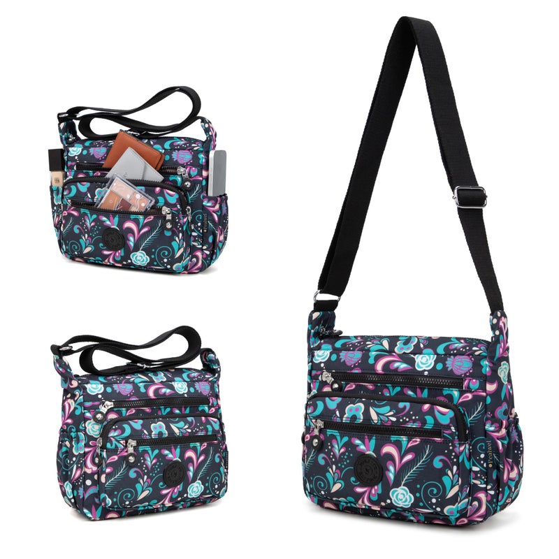 Pealwel Women Shoulder Handbag Roomy Multiple Pockets Bag Ladies Crossbody Purse Tote Top Handle Satchel(Pink&Blue Floral) - Image 4