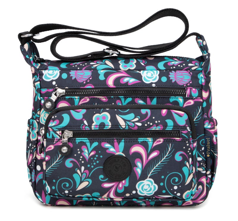 Pealwel Women Shoulder Handbag Roomy Multiple Pockets Bag Ladies Crossbody Purse Tote Top Handle Satchel(Pink&Blue Floral) - Image 1