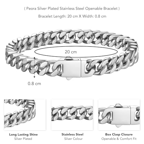 Peora Silver Plated Stainless Steel Link Bracelet Fashion Jewellery for Men & Boys - Image 4