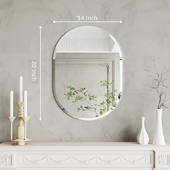 SEVEN HORSES Pill Shaped Frameless Mirror Wall Mirror, Modern Oval Bathroom Mirror with Polished Edge, for Bedroom Bathroom Livingroom Gym Entryway and More (Size 14x20 Inch) - Image 2