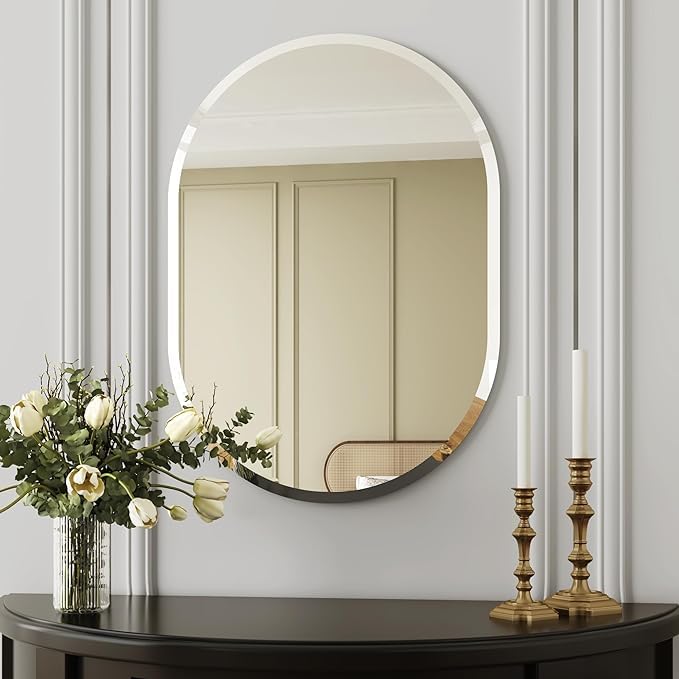 SEVEN HORSES Pill Shaped Frameless Mirror Wall Mirror, Modern Oval Bathroom Mirror with Polished Edge, for Bedroom Bathroom Livingroom Gym Entryway and More (Size 14x20 Inch) - Image 1