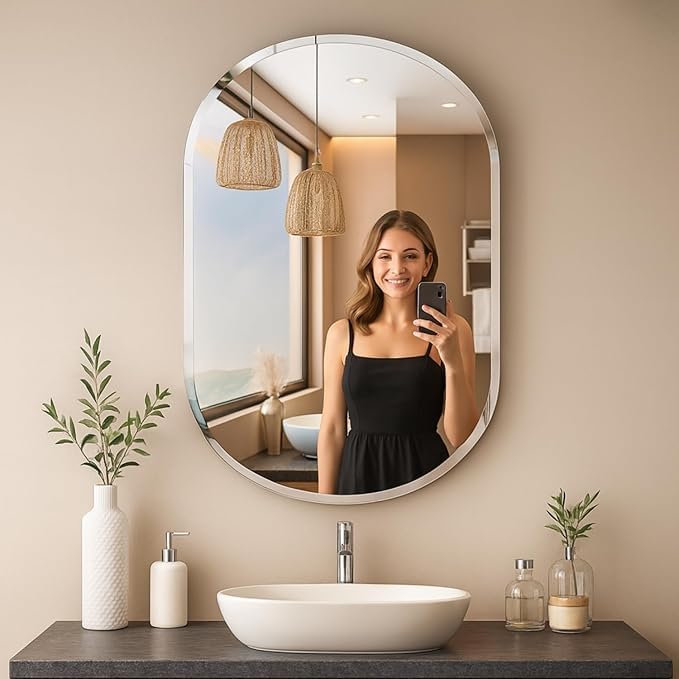 SEVEN HORSES Pill Shaped Frameless Mirror Wall Mirror, Modern Oval Bathroom Mirror with Polished Edge, for Bedroom Bathroom Livingroom Gym Entryway and More (Size 14x20 Inch) - Image 3