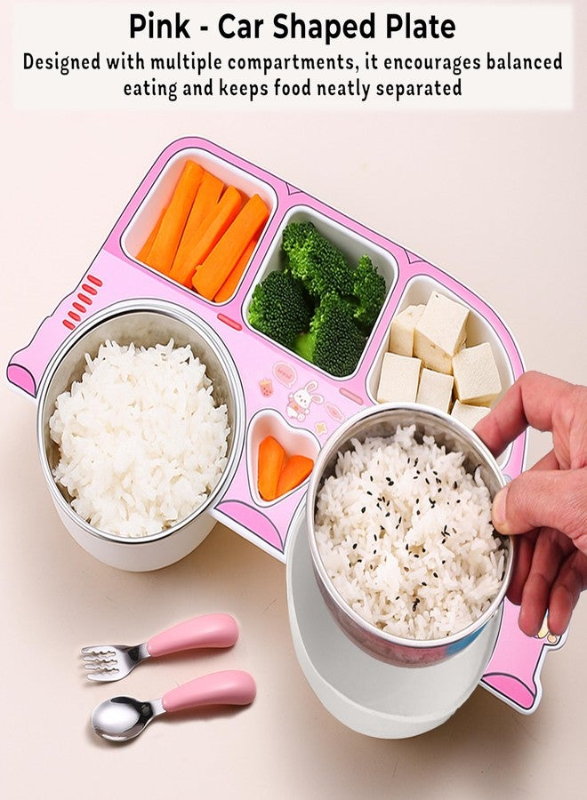 بيمبيكا طقم تغذية أطفال من الفولاذ المقاوم للصدأ من بيمبيكا؟ طقم أواني طعام متين وغير سام وصغير الحجم للأطفال، مزود بأدوات آمنة للأيدي الصغيرة، سهل التنظيف، طقم عشاء مثالي للأطفال - (تصميم سيارة وردية مع شوكة وملعقة) - Image 2