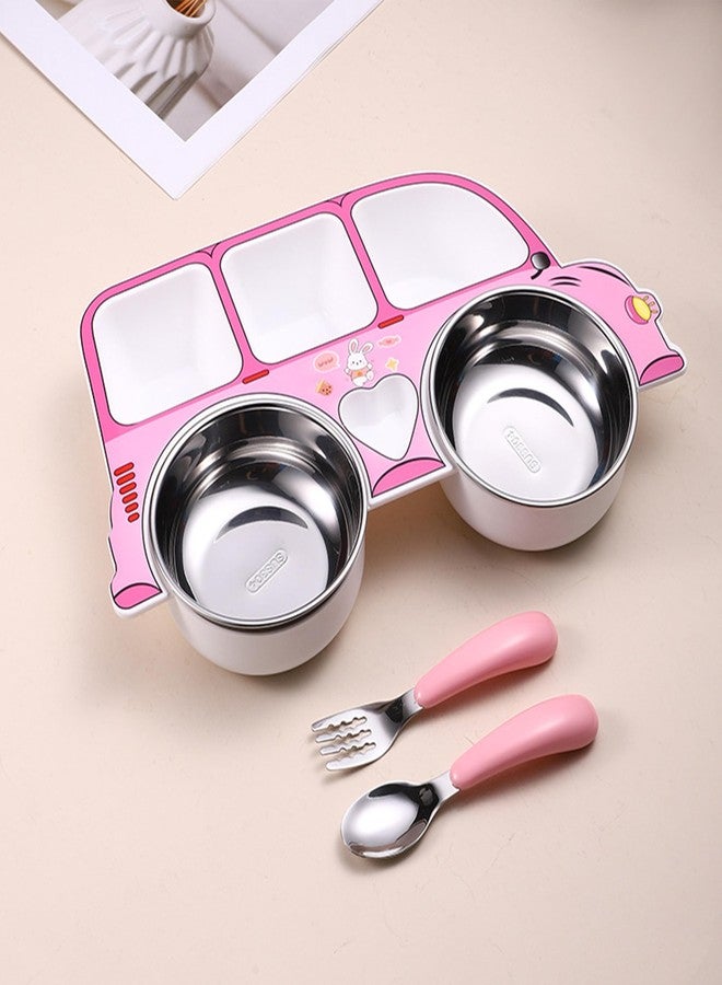 بيمبيكا طقم تغذية أطفال من الفولاذ المقاوم للصدأ من بيمبيكا؟ طقم أواني طعام متين وغير سام وصغير الحجم للأطفال، مزود بأدوات آمنة للأيدي الصغيرة، سهل التنظيف، طقم عشاء مثالي للأطفال - (تصميم سيارة وردية مع شوكة وملعقة) - Image 1