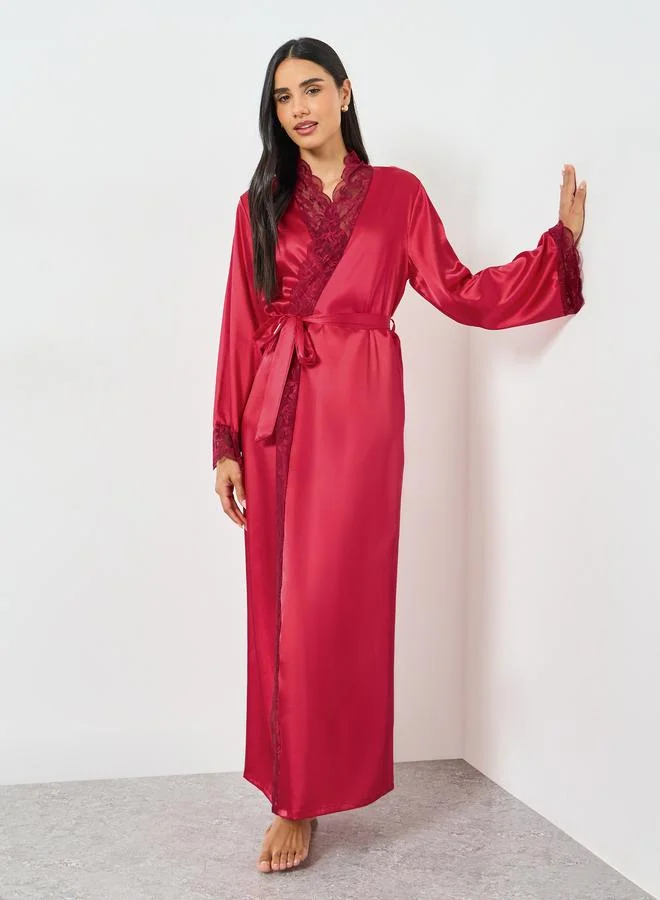 Take Two Red Lace Trim Long Sleeve Robe