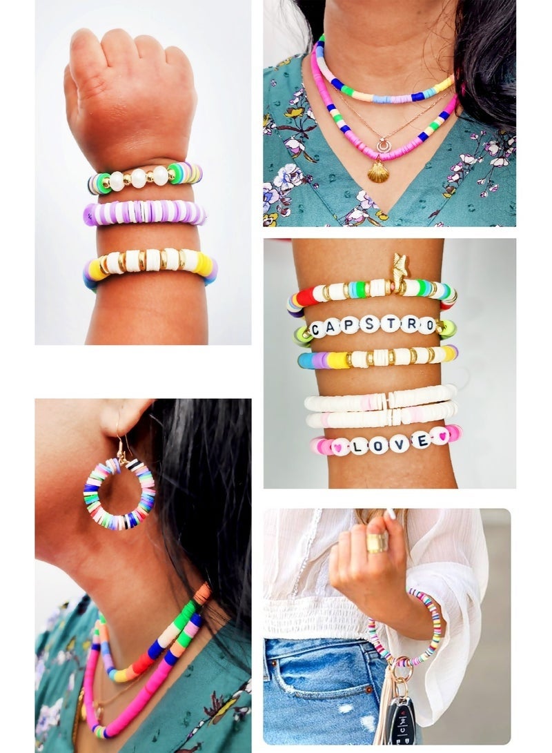 🎨 مجموعة حبات الطين لصناعة المجوهرات اليدوية 6000+ حبة - 24 لونًا من الحبات الم평اة مع حبات الحروف والأرقام والأجزاء الداخلة والأدوات، مجموعة لحبات اليد لصناعة السلاسل/القلادات (لأعمار 6-12 سنة، هدية عيد الفطر/رمضان) - Image 5