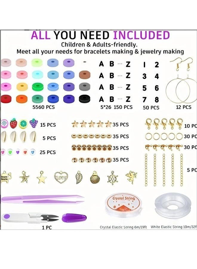 🎨 مجموعة حبات الطين لصناعة المجوهرات اليدوية 6000+ حبة - 24 لونًا من الحبات الم평اة مع حبات الحروف والأرقام والأجزاء الداخلة والأدوات، مجموعة لحبات اليد لصناعة السلاسل/القلادات (لأعمار 6-12 سنة، هدية عيد الفطر/رمضان) - Image 2