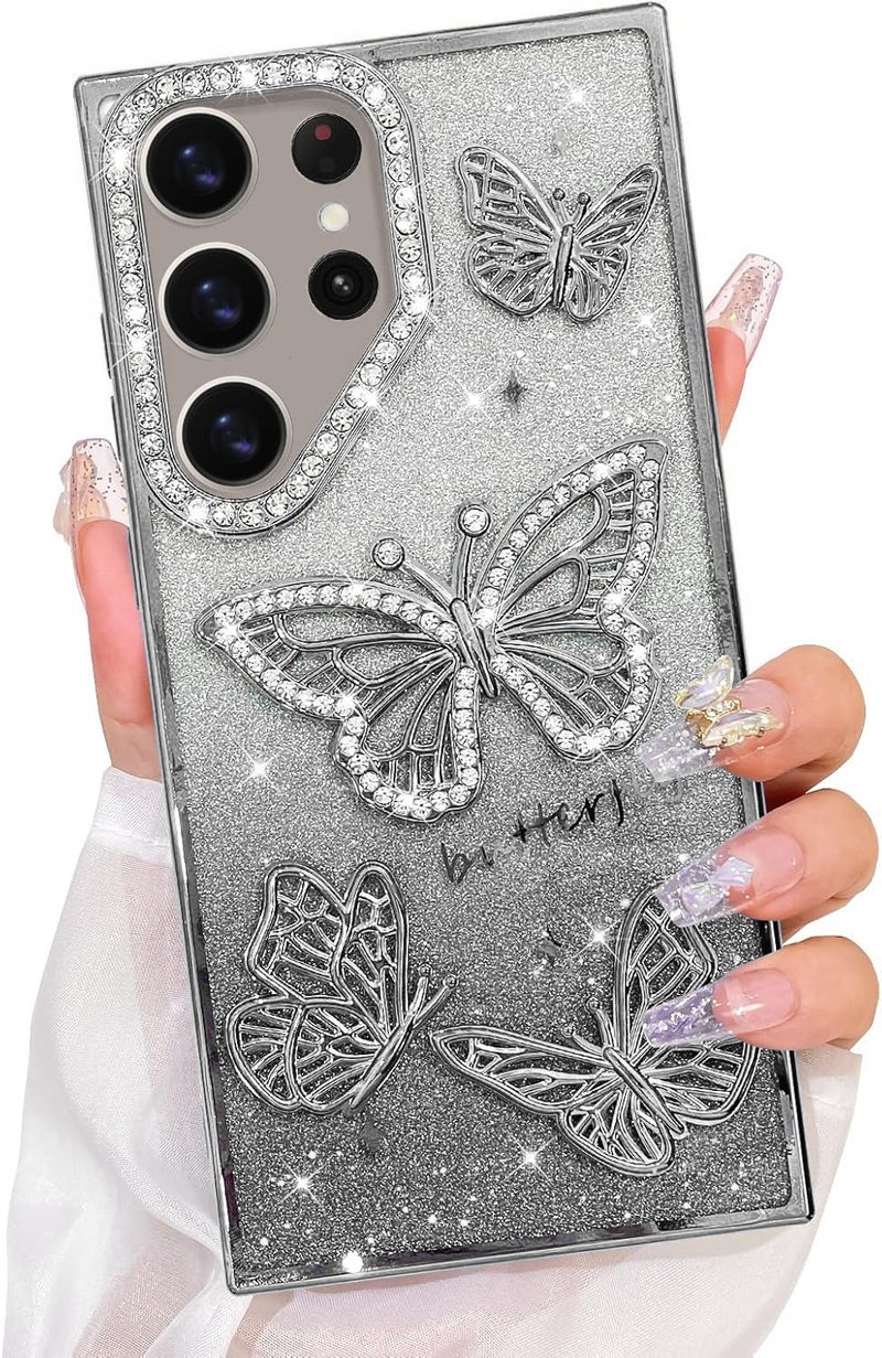 Elzzi Electroplated Butterfly Phone Cover for Samsung S24 Ultra Case, Showcasing Pearlescent Diamond Soft TPU, Camera Protection, Shockproof, Dropresistant Stylish for Girls & Women (Grey) - Image 1