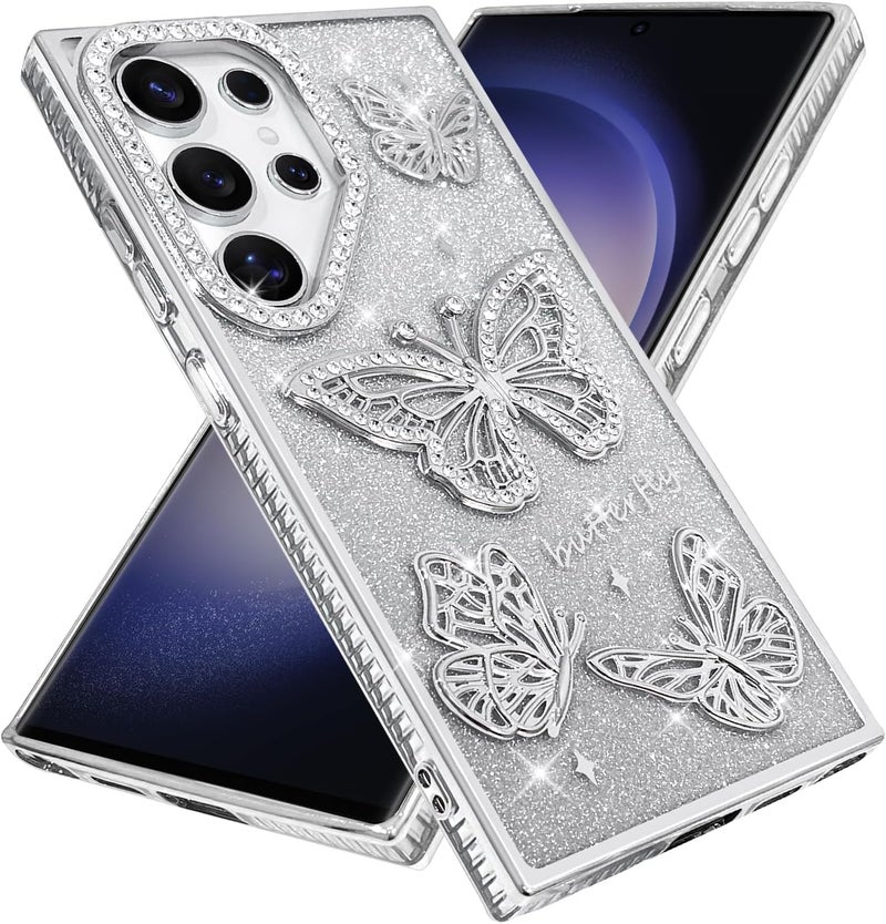 Elzzi Electroplated Butterfly Phone Cover for Samsung S24 Ultra Case, Showcasing Pearlescent Diamond Soft TPU, Camera Protection, Shockproof, Dropresistant Stylish for Girls & Women (Grey) - Image 2