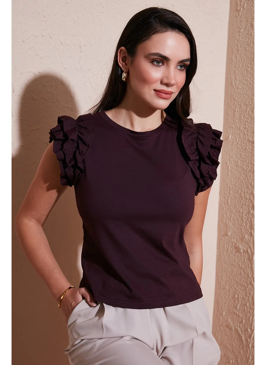 Lela Cotton Ruffled Sleeves Slim Fit Crew Neck T Shirt Women's T Shirt 5864500