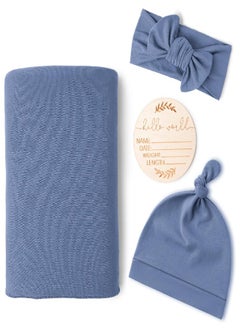 Konssy Konssy Baby Girl Newborn Receiving Blanket with Matching Headband and Beanie Set Baby Swaddle Nursery Swaddle Wrap(Blue)  - Image 1