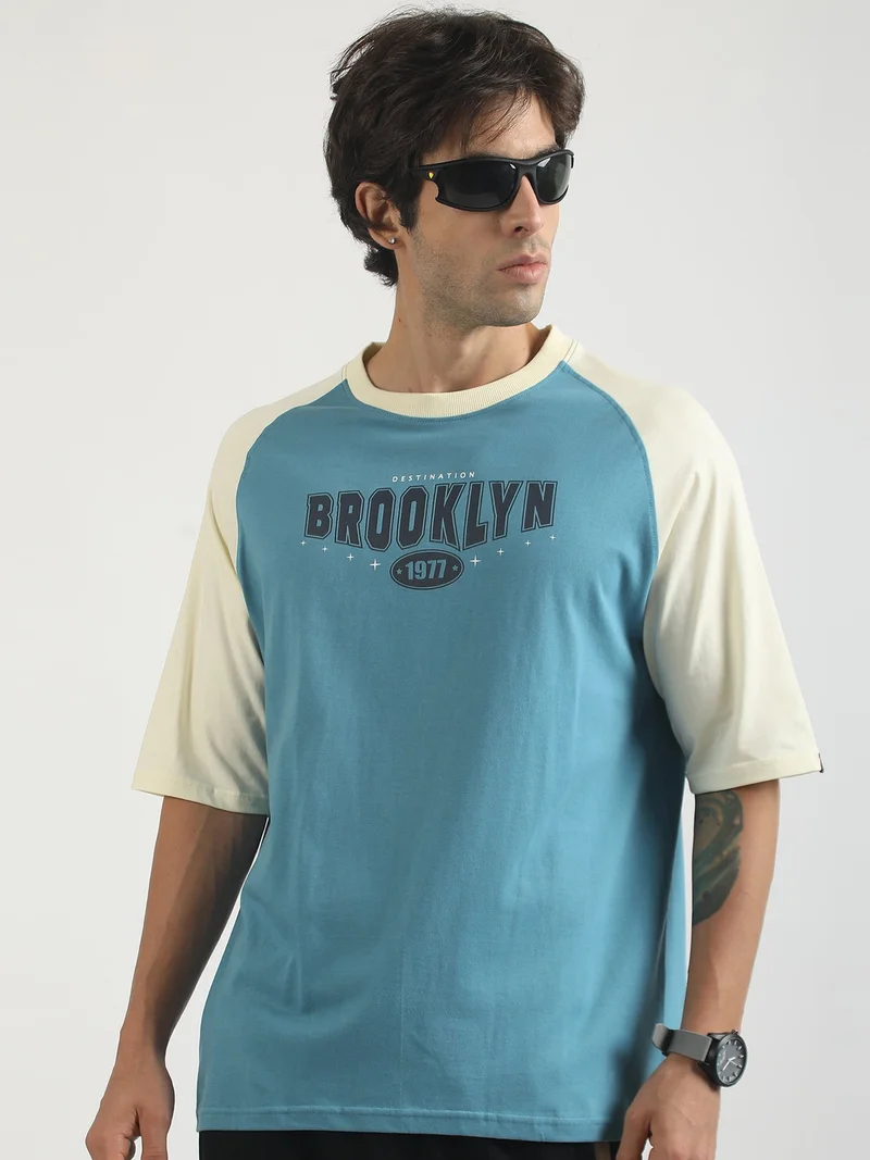 مانياك Maniac Mens Printed Round Neck Raglan Half Sleeve White and Berly Green Cotton T-Shirt