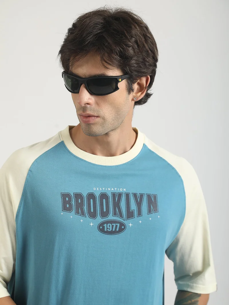 مانياك Maniac Mens Printed Round Neck Raglan Half Sleeve White and Berly Green Cotton T-Shirt