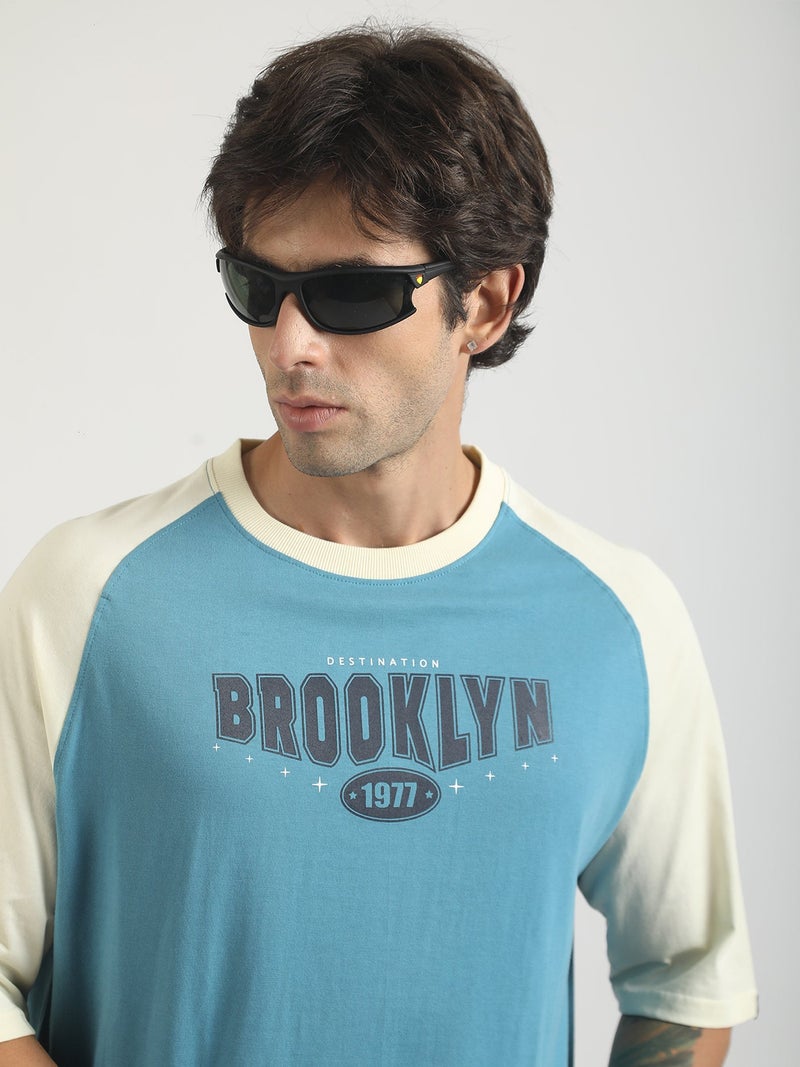 Maniac Mens Printed Round Neck Raglan Half Sleeve White and Berly Green Cotton T-Shirt - Image 2
