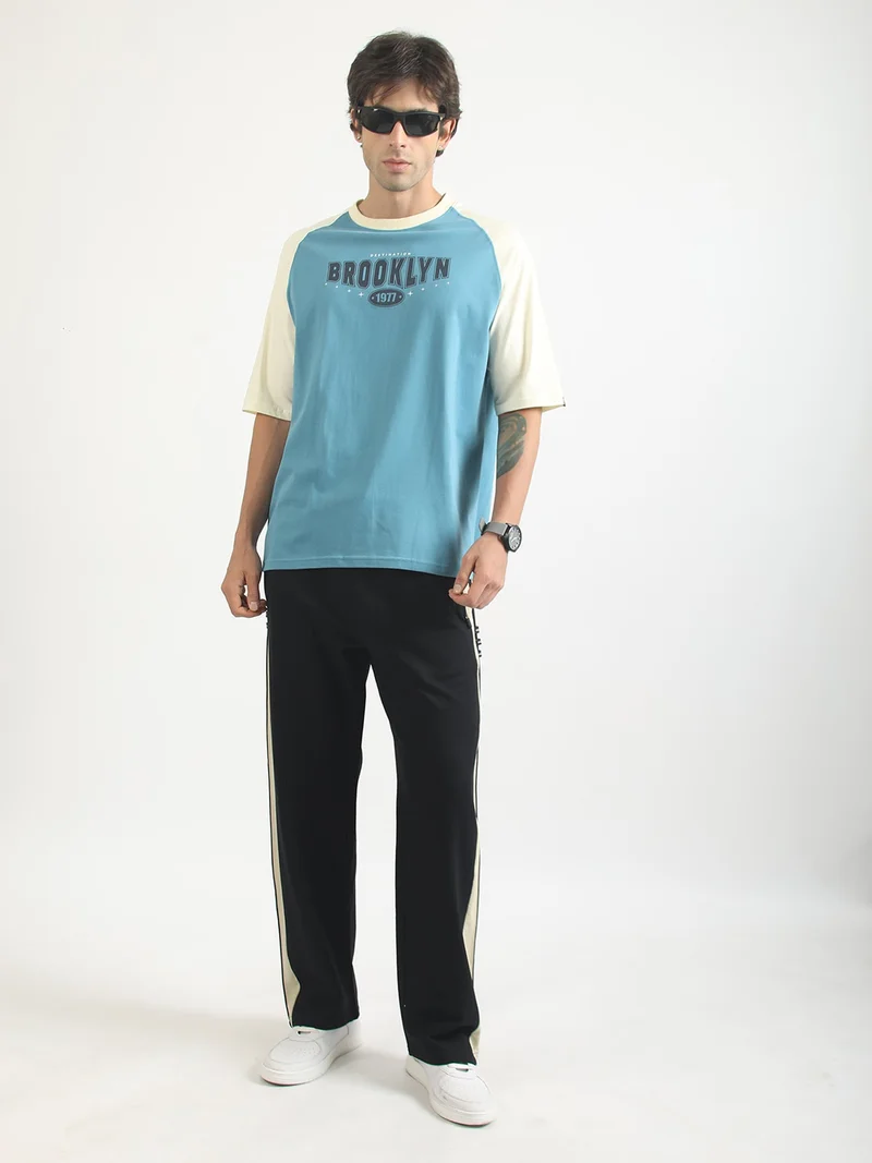 Maniac  Maniac Mens Printed Round Neck Raglan Half Sleeve White and Berly Green Cotton T-Shirt for Men | Best Price UAE