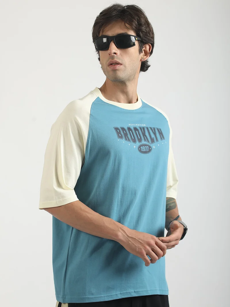 Maniac  Maniac Mens Printed Round Neck Raglan Half Sleeve White and Berly Green Cotton T-Shirt for Men | Best Price UAE