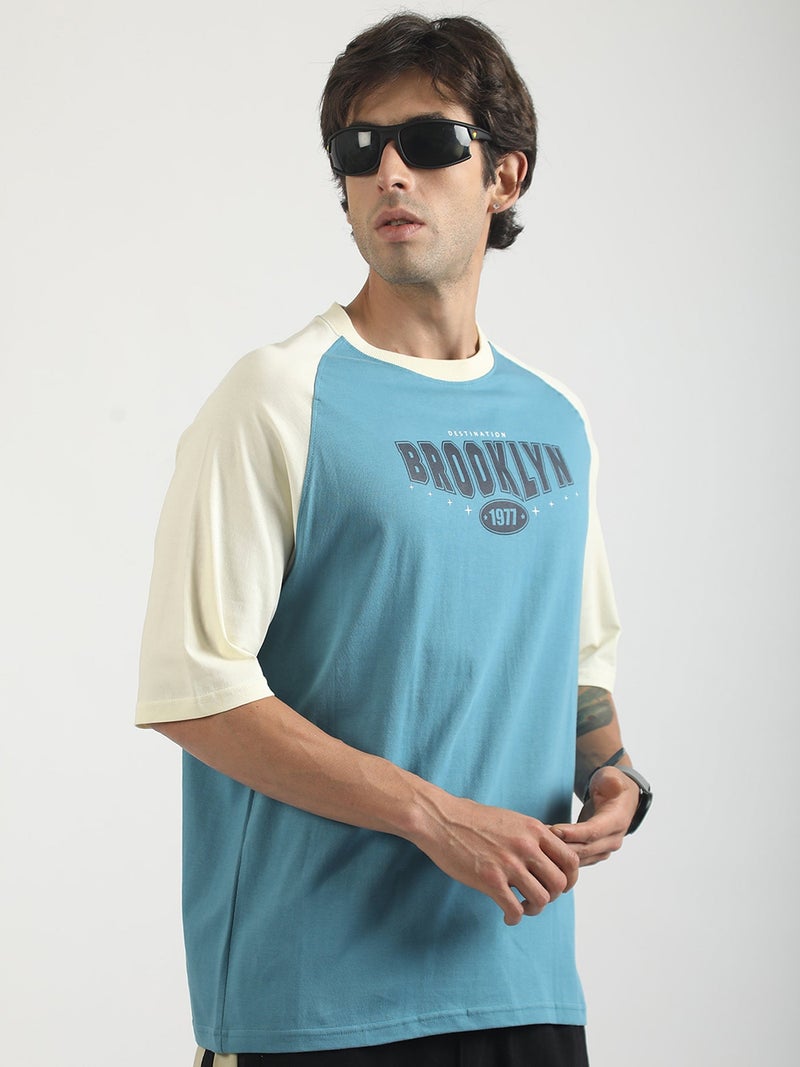 Maniac Mens Printed Round Neck Raglan Half Sleeve White and Berly Green Cotton T-Shirt - Image 3