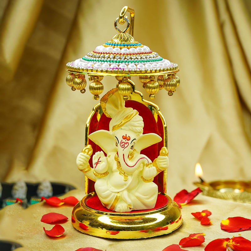Ekhasa Ganesh Idol for Car Dashboard with Umbrella Ganpati Idol for Cars Vinayak Idols for Car Dashboard Home Decor Ganapathi Idol for Home Vinayagar Statue for Office Desk Ivory - Image 2