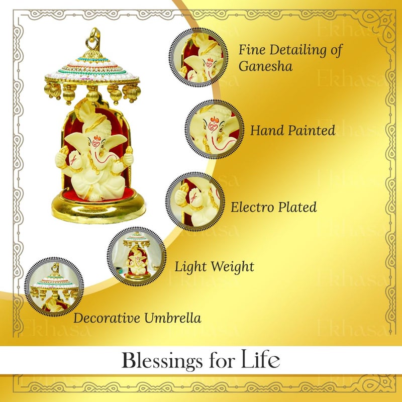 Ekhasa Ganesh Idol for Car Dashboard with Umbrella Ganpati Idol for Cars Vinayak Idols for Car Dashboard Home Decor Ganapathi Idol for Home Vinayagar Statue for Office Desk Ivory - Image 3
