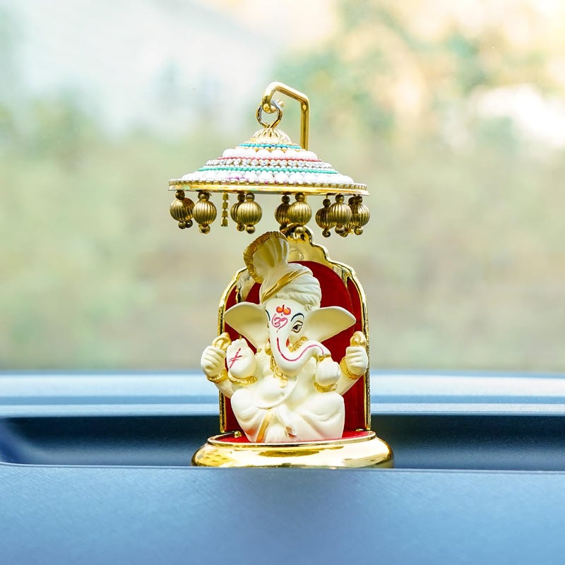 Ekhasa Ganesh Idol for Car Dashboard with Umbrella Ganpati Idol for Cars Vinayak Idols for Car Dashboard Home Decor Ganapathi Idol for Home Vinayagar Statue for Office Desk Ivory - Image 1