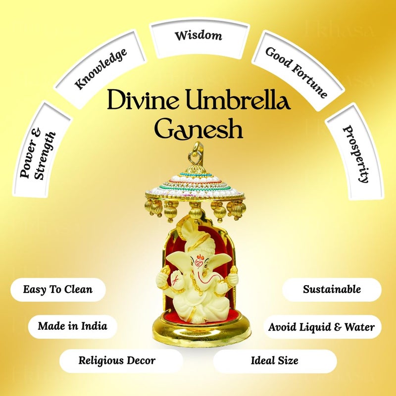 Ekhasa Ganesh Idol for Car Dashboard with Umbrella Ganpati Idol for Cars Vinayak Idols for Car Dashboard Home Decor Ganapathi Idol for Home Vinayagar Statue for Office Desk Ivory - Image 5