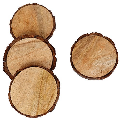 GoCraft Set of 4 Natural Wooden Coasters with Tree Bark – Mango Wood Coasters for Drinks, Beverages, Wine Glasses, Bar Glasses, Rustic & Durable Coaster Set for Home, Kitchen, Dining, Bar Décor - Image 1