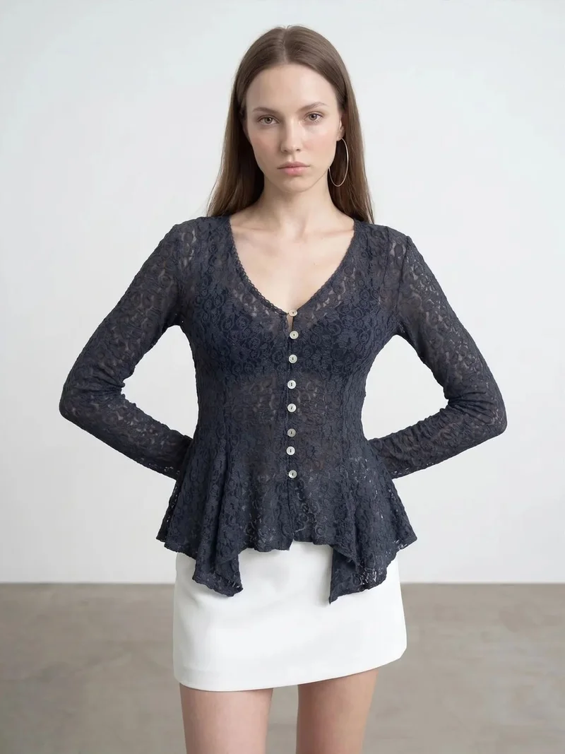 Dilvin Dilvin Lace V-Neck Button Cardigan