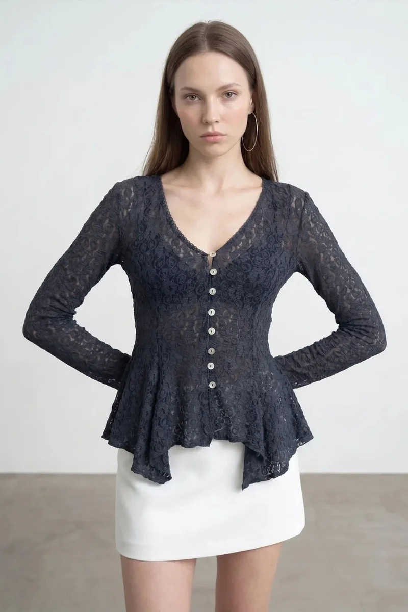 DILVIN Lace V-Neck Button Cardigan