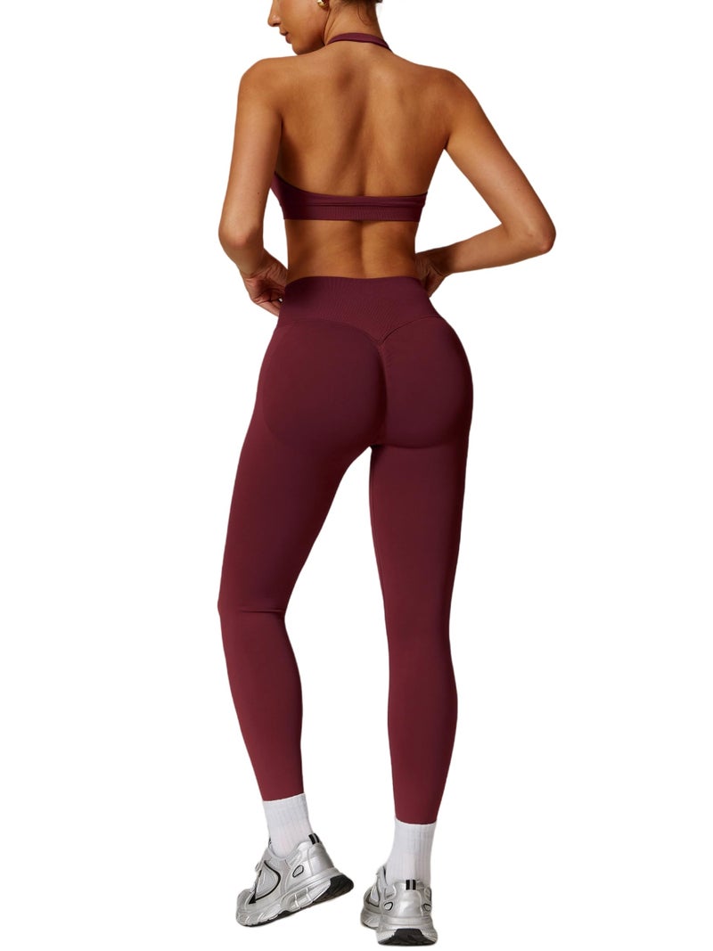 ABOCIW Workout Sets for Women Seamless High Waist Scrunch Butt Lifting Gym Leggings Yoga Pants Halter Sports Bra Yoga Exercise 2 Piece Outfits Burgendy Red Medium