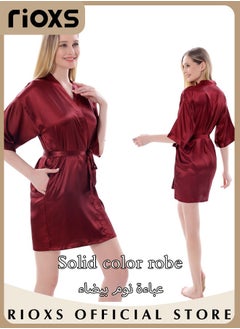 RIOXS Women's Silky Satin Short Robe with Adjustable Tie and 3/4 Sleeves, Skin-friendly Lightweight Kimono Bathrobe with Above-knee Length, Stylish Comfortable Sleepwear, Perfect for Wedding Day, Pajamas Party, Daily Life Wear and Spa  - Image 2