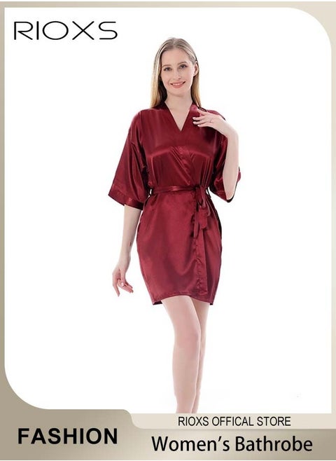 Women's Silky Satin Short Robe with Adjustable Tie and 3/4 Sleeves, Skin-friendly Lightweight Kimono Bathrobe with Above-knee Length, Stylish Comfortable Sleepwear, Perfect for Wedding Day, Pajamas Party, Daily Life Wear and Spa