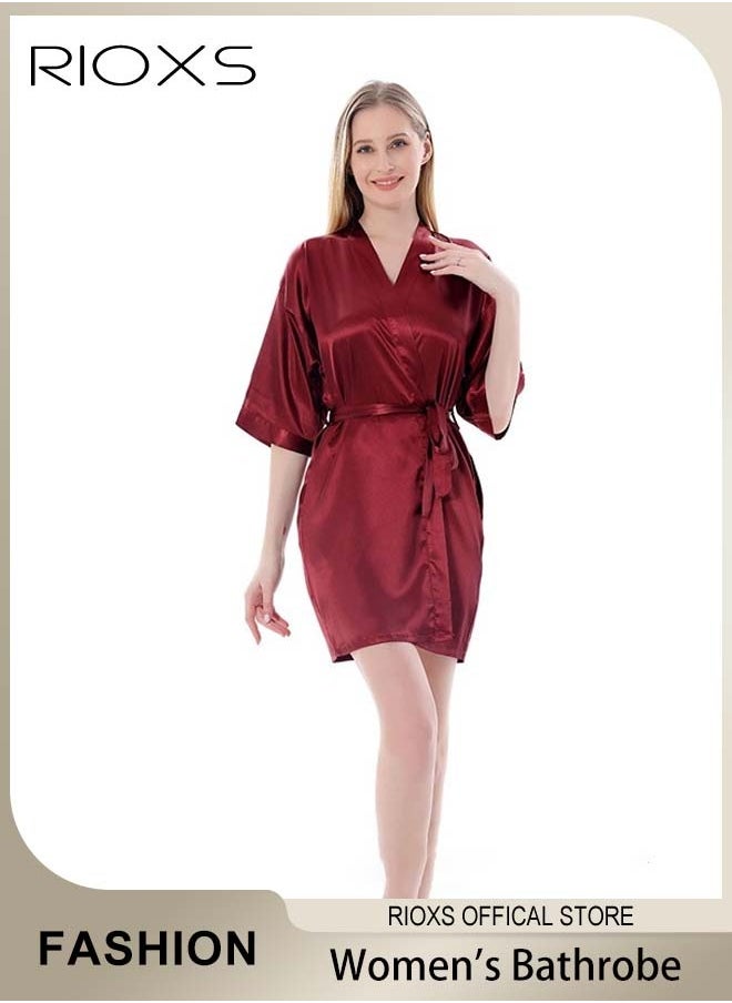 RIOXS Women's Silky Satin Short Robe with Adjustable Tie and 3/4 Sleeves, Skin-friendly Lightweight Kimono Bathrobe with Above-knee Length, Stylish Comfortable Sleepwear, Perfect for Wedding Day, Pajamas Party, Daily Life Wear and Spa  - Image 1