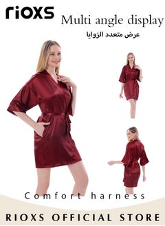 RIOXS Women's Silky Satin Short Robe with Adjustable Tie and 3/4 Sleeves, Skin-friendly Lightweight Kimono Bathrobe with Above-knee Length, Stylish Comfortable Sleepwear, Perfect for Wedding Day, Pajamas Party, Daily Life Wear and Spa  - Image 3