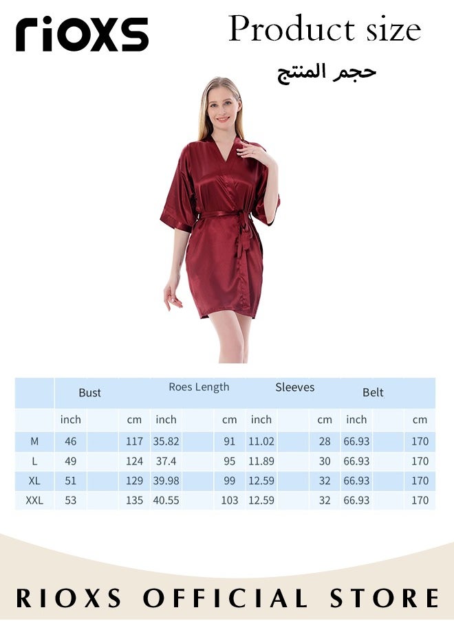 RIOXS Women's Silky Satin Short Robe with Adjustable Tie and 3/4 Sleeves, Skin-friendly Lightweight Kimono Bathrobe with Above-knee Length, Stylish Comfortable Sleepwear, Perfect for Wedding Day, Pajamas Party, Daily Life Wear and Spa  - Image 4
