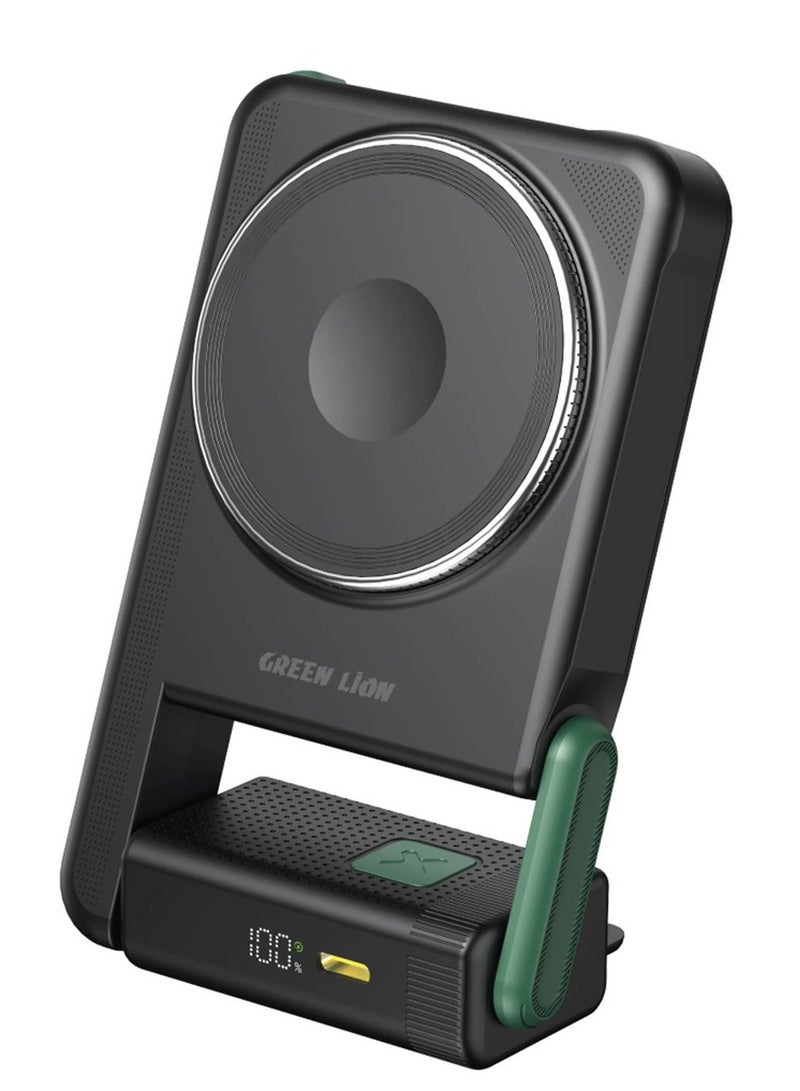 GREEN LION Rotex Magsafe 10000mAh Wireless Power Bank, Compatible With MagSafe, PD 22.5W Fast Charging, Rotating Bracket, Digital Display, Type-C Input & Output For iPhone 16/15/14/13/12 & Apple Watch - Black - Image 1