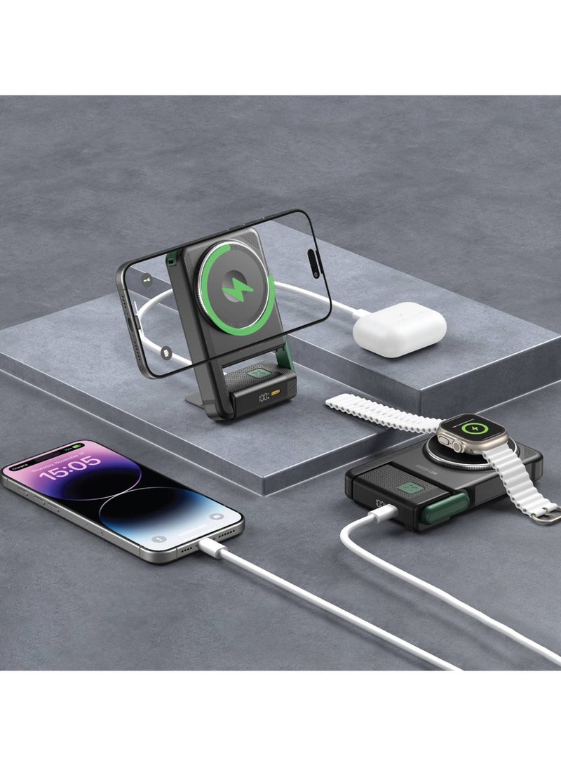 GREEN LION Rotex Magsafe 10000mAh Wireless Power Bank, Compatible With MagSafe, PD 22.5W Fast Charging, Rotating Bracket, Digital Display, Type-C Input & Output For iPhone 16/15/14/13/12 & Apple Watch - Black - Image 2